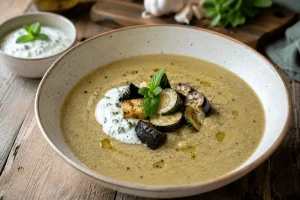 Kremasta supa od pečenog povrća sa tzatziki sosom u belom tanjiru, ukrašena svežom mentom i komadima pečenih tikvica i patlidžana