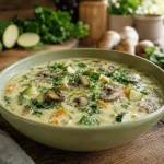 Kremasta krem čorba od tikvica i šampinjona u beloj činiji, ukrašena svežim začinskim biljem
