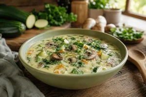 Kremasta krem čorba od tikvica i šampinjona u beloj činiji, ukrašena svežim začinskim biljem
