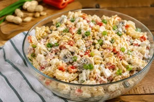 Kremasta testenina salata sa kikirikijem, pečenicom i šampinjonima servirana u staklenoj činiji