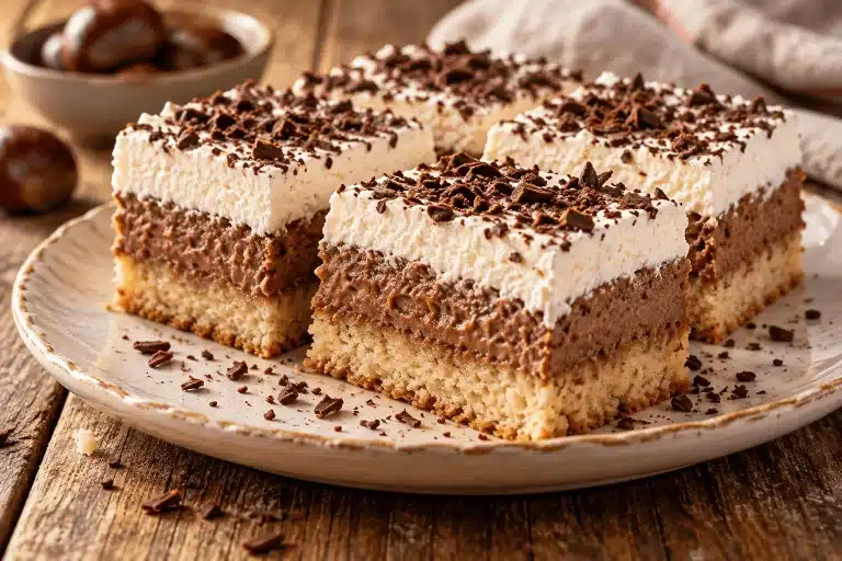 Kolač sa kestenom i čokoladom isečen na kocke, sa slojem šlaga